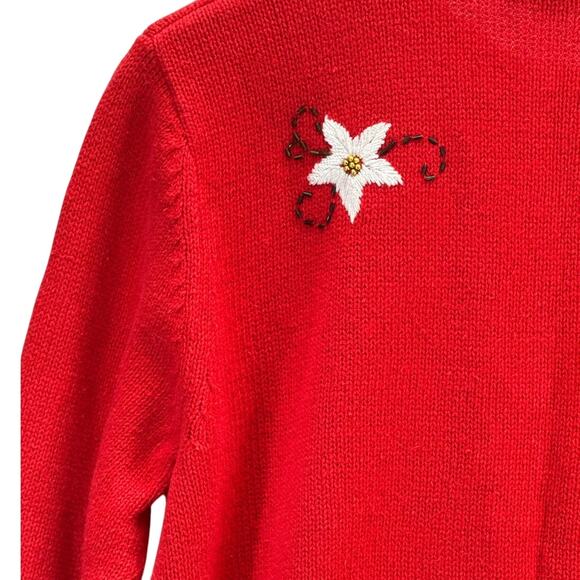 Mercer Street Studio Vintage Red White Beaded Poinsettia  Button Up Sweater M - Picture 7 of 7